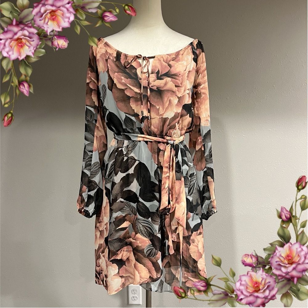 Jennifer‎ Lopez floral long sleeve fake wrap dress with belt size XS
